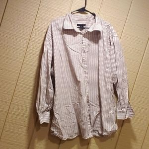 EUC 4XL Synergy Men's Dress Shirt Tan, Blue and White vertically striped.